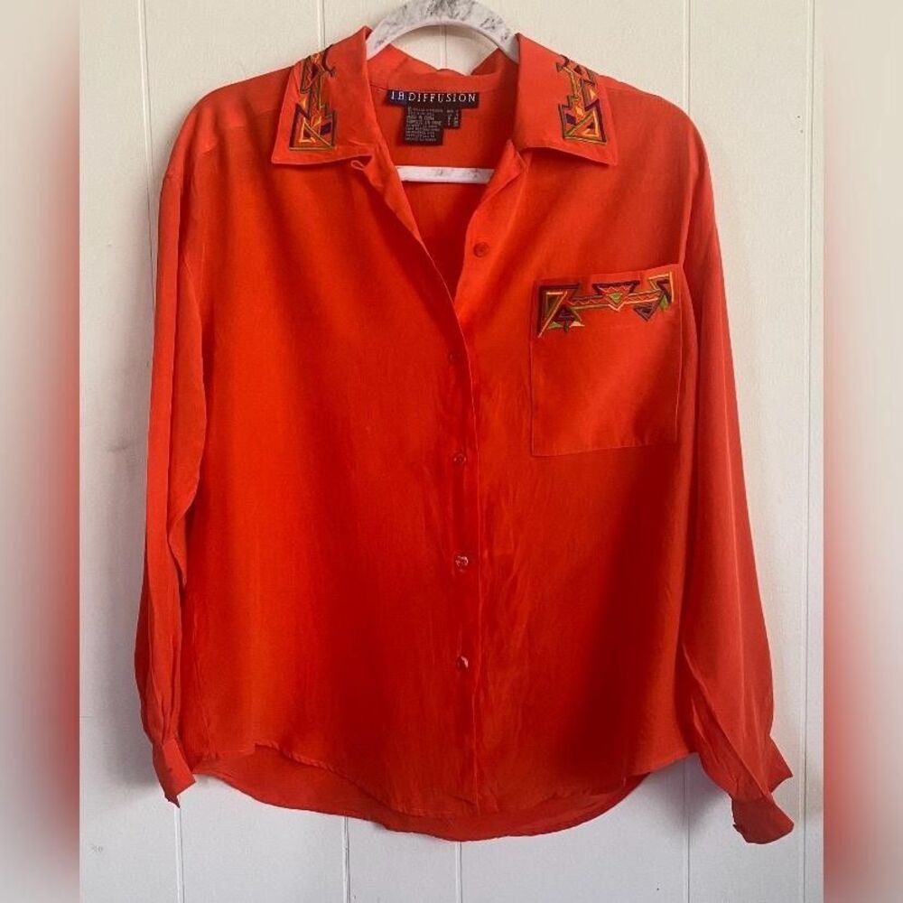 Vintage I.B. Diffusion Shirt Women's 4 Orange Silk Southwestern Embroidered 1992